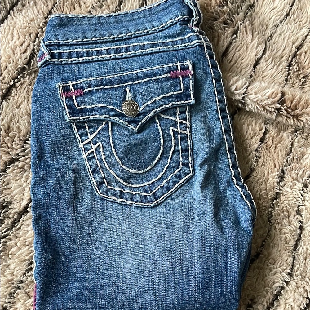 True Religion Blue Jeans with Distinctive Horseshoe Design